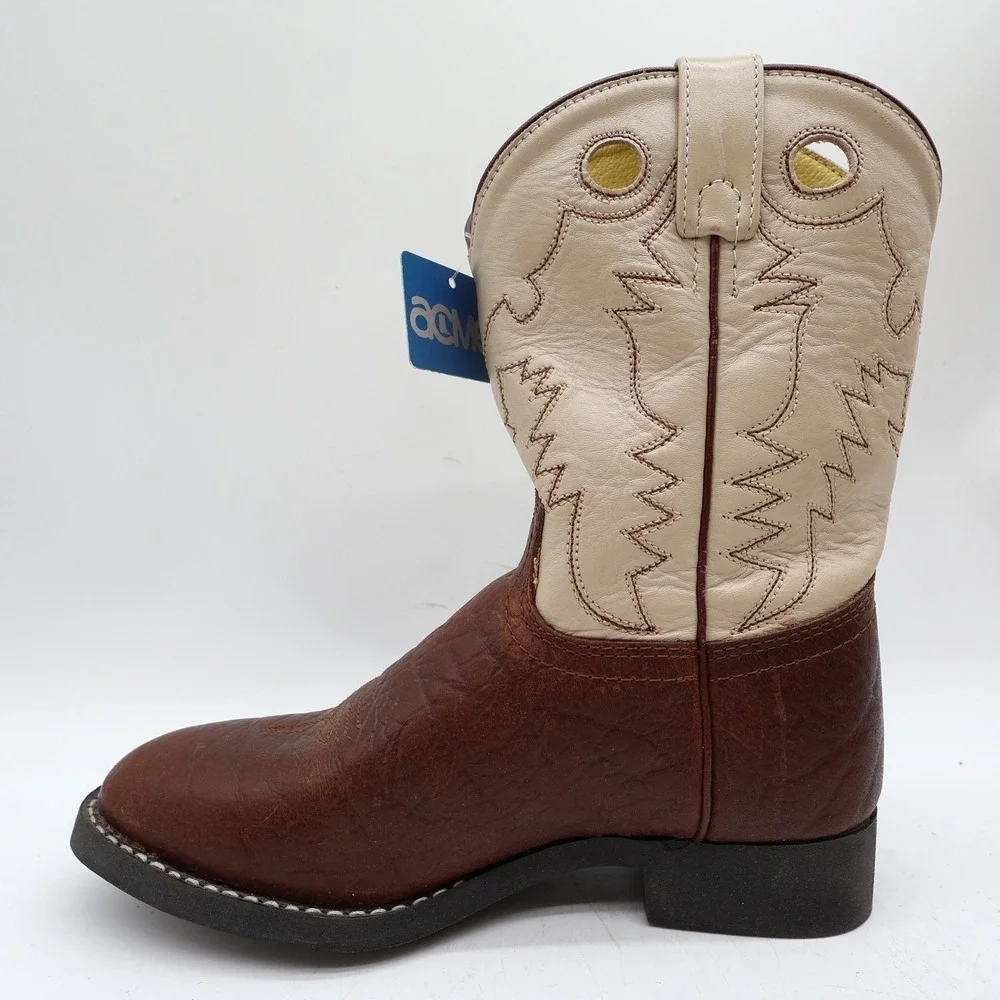 Acme Vintage Cowboy Boots Boys 2 Brown Cream Bullhide Roper NWT Deadstock